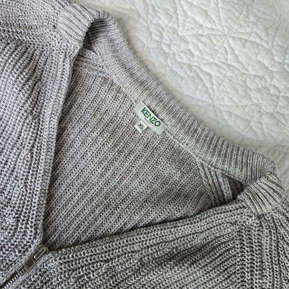 KENZO Knit Zippered V-neck Cardigan Logo Printed Cuff Cotton Wool Blend - Gray - Picture 3 of 16